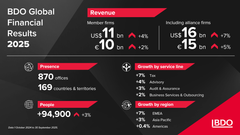 Päättyneestä tilikaudesta alkaen BDO Global raportoi ainoastaan BDO-jäsenyritysten tiedot (member firms). Aiempina tilikausina on huomioitu myös allianssiyritykset (alliance firms).