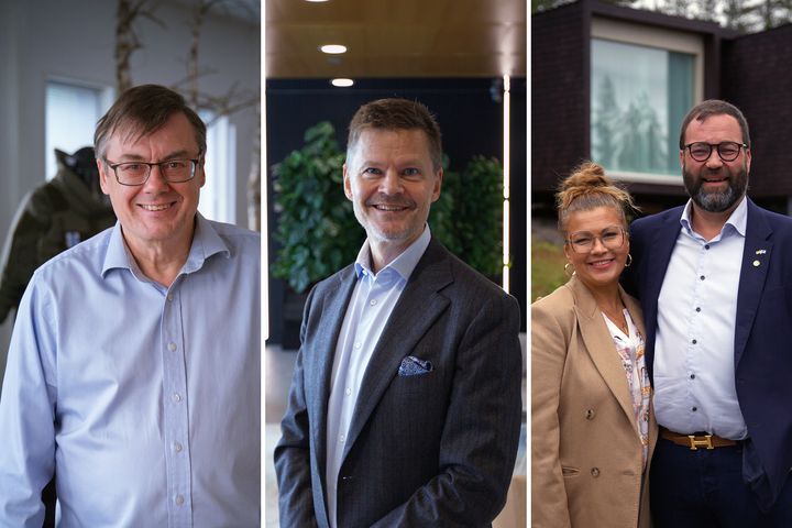 Vasemmalla CPE Productionin toimitusjohtaja Harri Kolu. Keskellä Normet Groupin hallituksen puheenjohtaja Aaro Cantell. Oikealla Katja Ikäheimo-Länkinen (vas.) ja Ilkka Länkinen SantaPark Arctic Worldista. Kuvaaja: Petri Siikanen.
