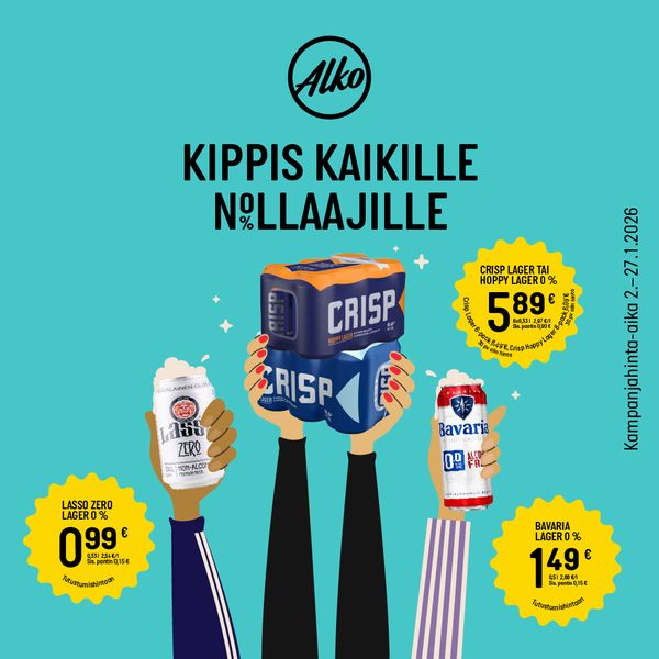 Kolme erilaista alkoholitonta oluen juomapakkausta ihmisten käsissä kirkkaan keltaisella taustalla.