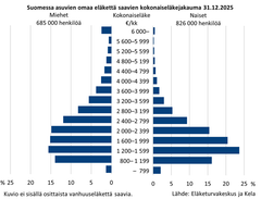 Kuvio esittää Suomessa asuvien eläkkeensaajien eläkkeiden jakautumista kuukausisummaa kohden sukupuolen mukaan vuonna 2025. Hieman yli puolella eläkkeensaajista kokonaiseläke jää alle 2 000 euroon kuukaudessa. Naisista 62 prosenttia saa alle 2 000 euron eläkettä, miehistä 46 prosenttia. Yli 4 000 euron kuukausieläkettä saa 10 prosenttia miehistä ja 3 prosenttia naisista. Yli 6 000 euron eläkettä saa runsas prosentti eläkkeensaajista, ja heistä valtaosa on miehiä.