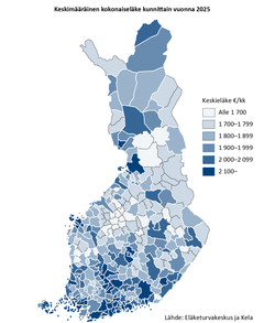 Kuva esitää keskieläkkeen alueellisia eroja Suomessa. Keskimäärin suurimmat eläkkeet maksetaan Uudellamaalla ja pienimmät Etelä Pohjanmaalla. Kuntatasolla Kauniaisissa keskieläke on korkein, 3 850 euroa kuukaudessa. Espoossa keskieläke on 2 846 euroa ja Helsingissä 2 640 euroa. Pienin keskieläke maksetaan Soinin kunnassa, jossa se on 1 596 euroa kuukaudessa.