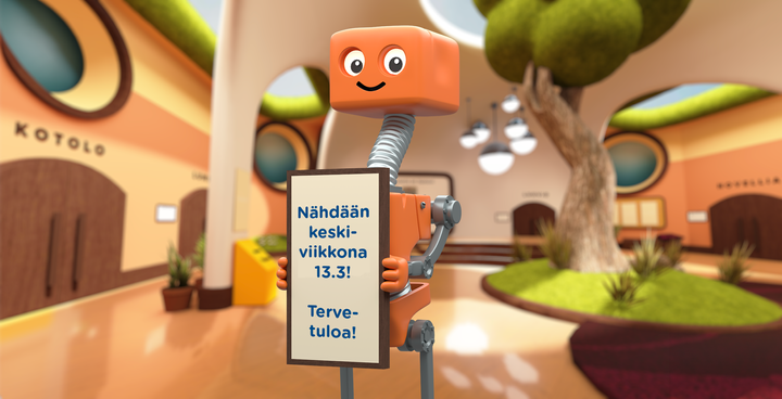 Ilmo-Robo on valmiina virtuaalitalossa ja toivottaa tervetulleeksi IloNoviin.