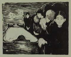 Edvard Munch: Kuolinvuoteen ääressä (1896). Kansallisgalleria / Ateneumin taidemuseo, Ester ja Jalo Sihtolan Taidesäätiön lahjoituskokoelma. Kuva: Kansallisgalleria / Aleks Talve.