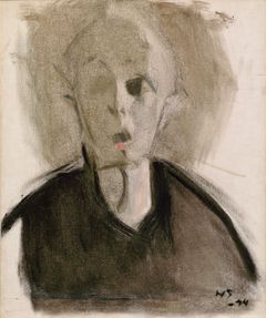Helene Schjerfbeckin abstrakti maalaus omakuvasta vuodelta 1944, jossa korostuu punainen täplä kasvoilla.