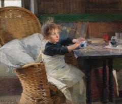 Helene Schjerfbeckin maalaus "Toipilas" (1888), jossa vaaleahiuksinen lapsi istuu korituolissa pöydän ääressä, vihertävä verso kädessään.