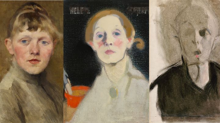 Tre självporträtt av Helene Schjerfbeck från olika år: 1884-1885, 1915 och 1944, visar utvecklingen av hennes stil.