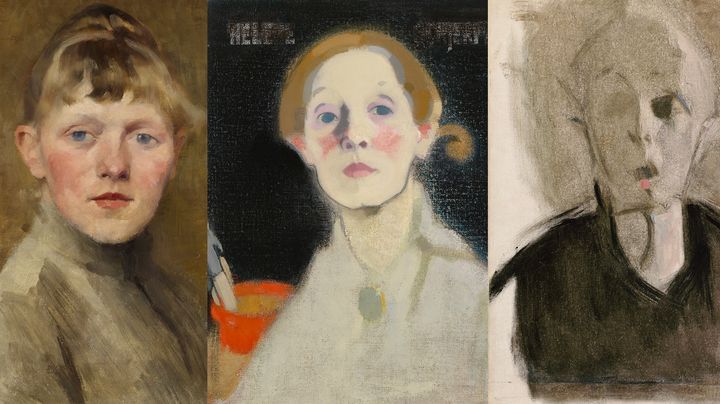 Helene Schjerfbeck's self-portraits from different years. The 1884-1885 one shows a realistic style; the 1915 portrait features a black background with more abstract features; the 1944 portrait is more abstract with visible brushstrokes and a red spot.