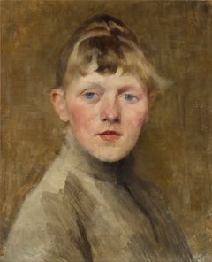 Omakuva, Helene Schjerfbeck (1884–1885). Maalaus esittää nuorta naista ruskealla taustalla.