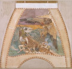 Kuva Akseli Gallen-Kallelan teoksesta Sammon puolustus, luonnos Suomen paviljongin kupolifreskoihin Pariisin vuoden 1900 maailmannäyttelyyn.