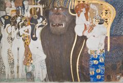 Gustav Klimt: Beethoven-friisi: Vihamieliset voimat - paneeli 1, etuseinä, (1901/1902), Belvedere, Wien. Pysyvästi lainassa Secession-rakennuksessa Wienissä. Kuva: Belvedere, Wien. Näyttelyssä on seinämaalauksista esillä kopiot.