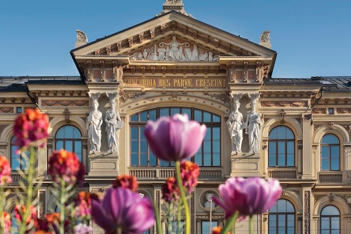 Ateneumin museorakennus. Kuvan etualalla on punaisia ja violetteja kukkia.