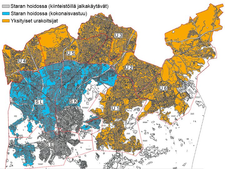 Kartta Helsingin katu- ja viheralueiden ylläpidon aluevastuista 1.10.2024 alkaen.