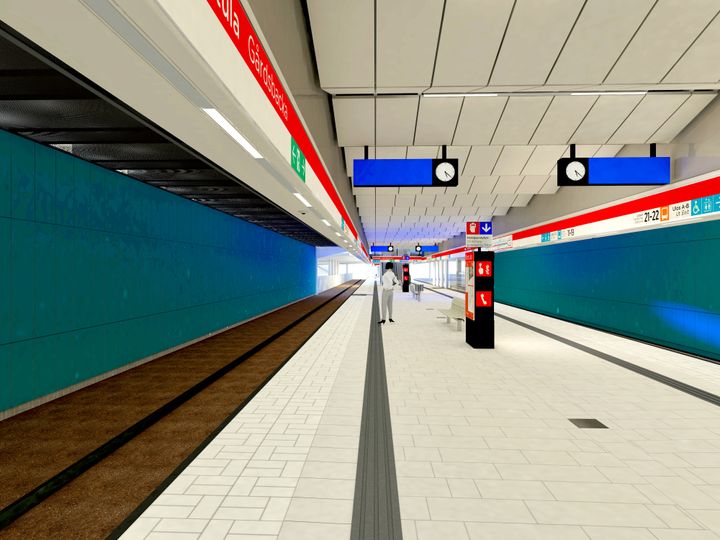 Alustava havainnekuva Kontulan metroaseman laituritasolta. Aseman ulkoasun yksityiskohdat kuten seinäpintojen rakenteet tai värit tulevat projektin kuluessa vielä tarkentumaan.