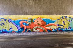 Mustekala graffititeoksessa raitiolinjan 13 tunnelissa Vallilanlaaksossa.