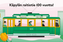 Käpylän raitiotie 100 vuotta -tapahtuman kuva. Piirretty raitiovaunu, jossa määränpäinä Käpylä/Kottby ja Vallila/Vallgård.