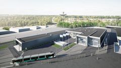 Havainnekuva Roihupellon raitiovaunuvarikosta laajennusosan rakentamisen jälkeen. Kuva: Arkkitehtityöhuone APRT