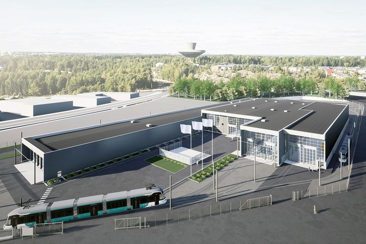 Havainnekuva Roihupellon raitiovaunuvarikosta laajennusosan rakentamisen jälkeen. Kuva: Arkkitehtityöhuone APRT