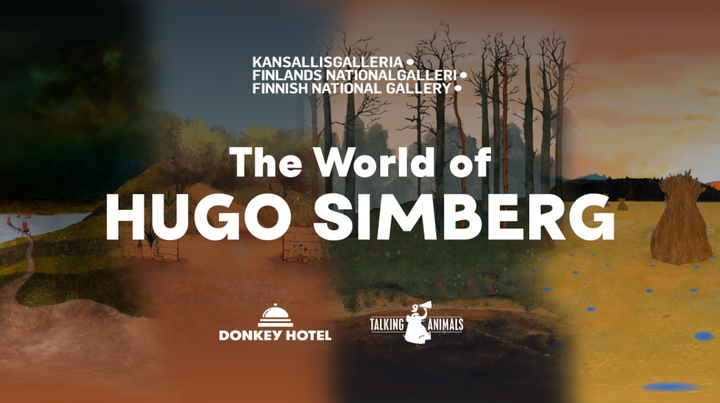Hugo Simbergin maailma -virtuaalinäyttelyn neljä teemaa taustakuvassa. Päällä Kansallisgallerian, tuotantoyhtiö Donkey Hotelin ja animaatiostudio Talking Animalsin logot.