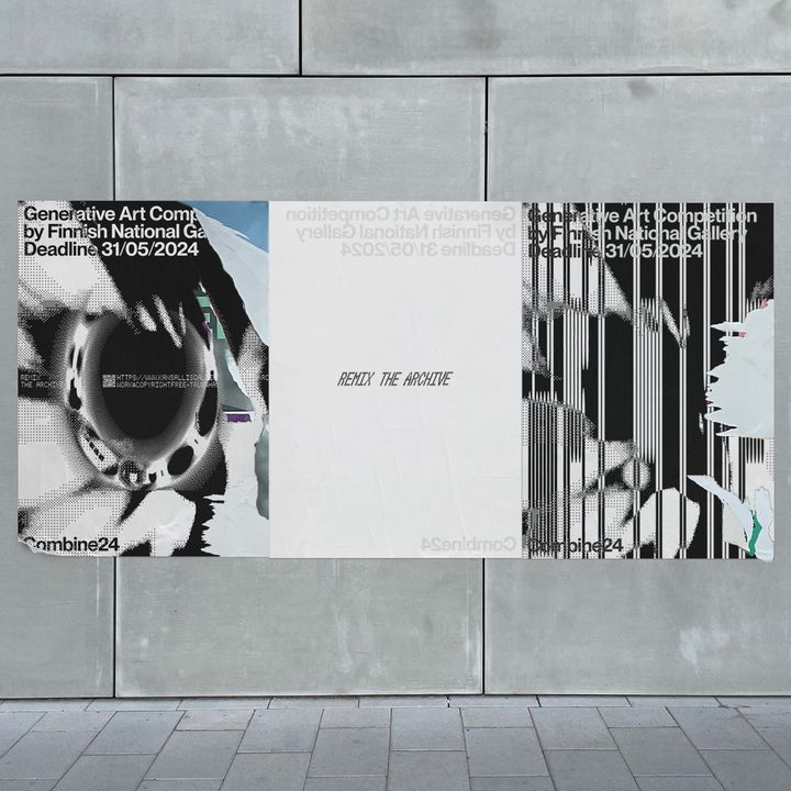 Gray stone wall with three monochrome Combine24 posters.