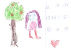 Esikoululaisen piirros, jossa on keskellä lapsi, toisessa reunassa omenapuu ja orava sekä toisessa reunassa kerrostalo ja sydän.