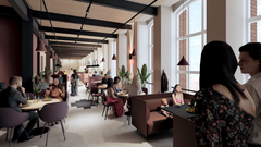 Näkymä Satakunnankadun puoleisia ravintolatiloja yhdistävästä maisemakäytävästä, havainnekuva.