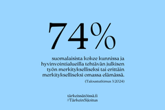 Kuvassa on teksti: 74 % suomalaisista kokee kunnissa ja hyvinvointialueilla tehtävän julkisen työn merkitykselliseksi tai erittäin merkitykselliseksi omassa elämässä. (Taloustutkimus 3/2024) tärkeissätöissä.fi #TärkeinSijoitus