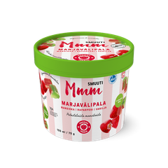Kuvassa on Smuuti Mmm marjavälipala, mansikan, raparperin ja vaniljan makuisena.