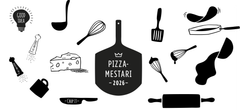 Kuvitus pizzakilpailusta: Pizzamestari 2026 -logo pizzalapiossa, ympärillä keittiövälineitä.