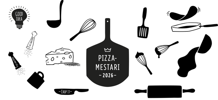 Kuvitus pizzakilpailusta: Pizzamestari 2026 -logo pizzalapiossa, ympärillä keittiövälineitä.