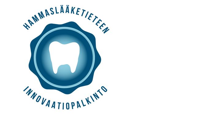 Logo, jossa on valkoinen hampaan kuva sinisellä pohjalla. Teksti: "Hammaslääketieteen innovaatiopalkinto".