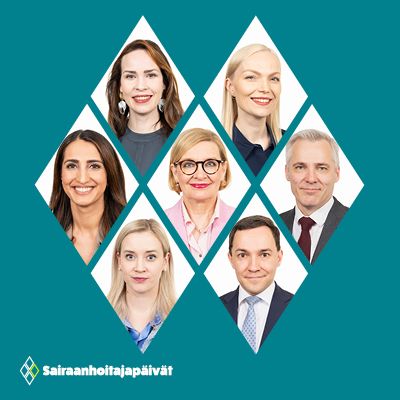 Kuvassa on kahdeksan henkilöä asettuneina geometriseen timantin muotoon. Alhaalla vasemmalla lukee "Sairaanhoitajapäivät". Tausta on turkoosi.