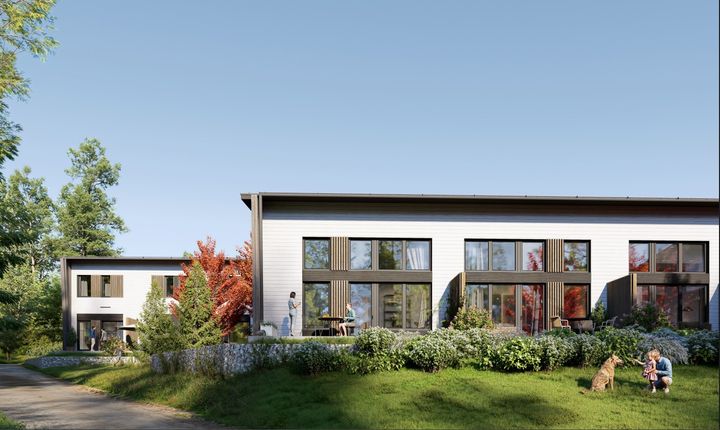Havainnekuva Asunto Oy Metsätähdenkujasta, jonka Hartela rakentaa Novus Family Homesille ja Kuuskodit Investment Managementille Kirkkonummen Sarvvikiin.