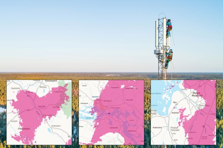 Tuoreimmat 5G-paikkakunnat DNA:n verkossa ovat Isojoki Etelä-Pohjanmaalla, Jämijärvi Satakunnassa ja Maalahti Pohjanmaalla. Kuvissa verkon tilanne tammikuun 2024 alussa.