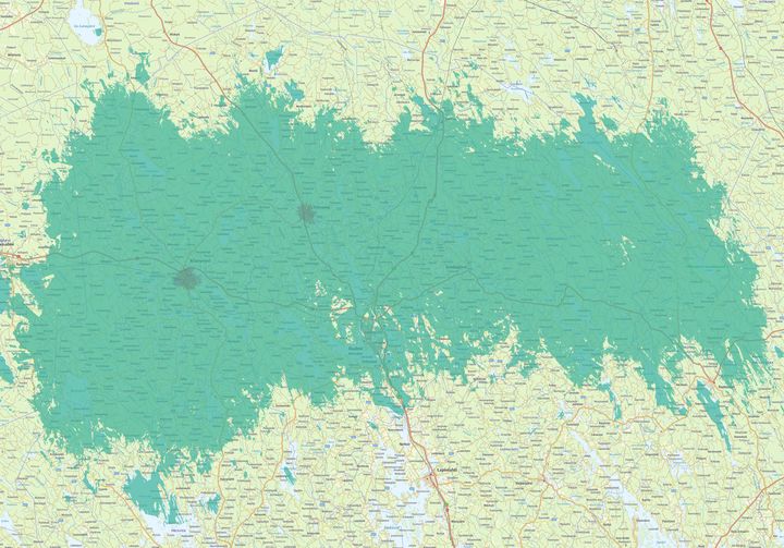 Kuvassa vaaleampi vihreä väri kuvaa normaalia 4G-/5G-peruspeittoa, ja tummempi vihreä erityisen nopeaa, 3,5 GHz:n taajuudella toimivaa 5G-verkkoa. Huom! Toinen peittoaluekuva tiedotteen liitteenä.