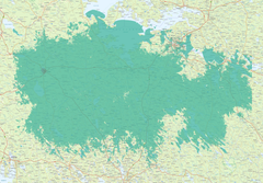 Pyhäntä, Sotkamo, Kajaani. Kuvassa vaaleampi vihreä väri kuvaa normaalia 4G-/5G-peruspeittoa, ja tummempi vihreä erityisen nopeaa, 3,5 GHz:n taajuudella toimivaa 5G-verkkoa.