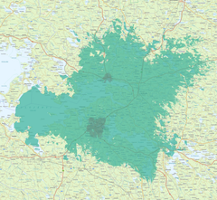 Kajaani, Paltamo. Kuvassa vaaleampi vihreä väri kuvaa normaalia 4G-/5G-peruspeittoa, ja tummempi vihreä erityisen nopeaa, 3,5 GHz:n taajuudella toimivaa 5G-verkkoa.