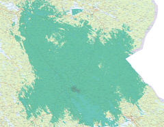 Nurmes & Valtimo. Kuvassa vaaleampi vihreä väri kuvaa normaalia 4G-/5G-peruspeittoa, ja tummempi vihreä erityisen nopeaa, 3,5 GHz:n taajuudella toimivaa 5G-verkkoa.