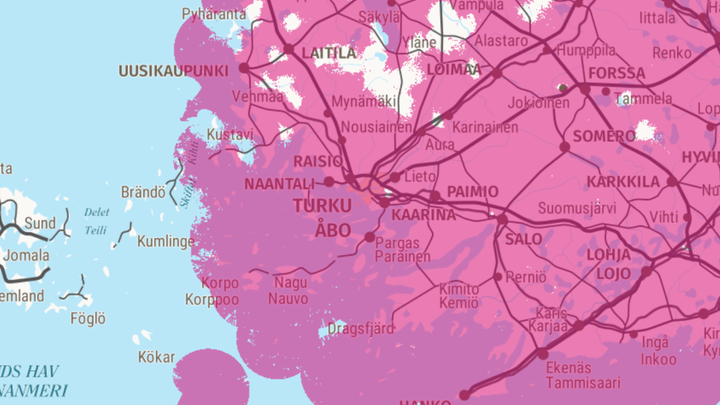 DNA’s 5G network coverage in Southwest Finland in April 2024. 5G area marked in pink.