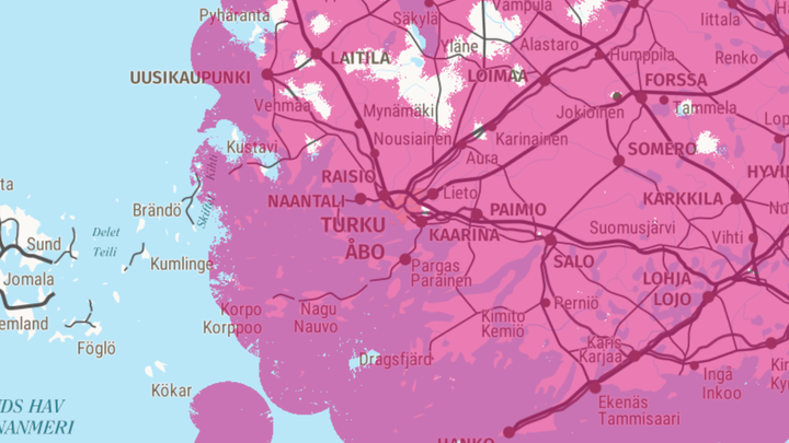 DNA:n 5G-verkon peittoalue Varsinais-Suomessa huhtikuussa 2024. 5G-alue merkitty pinkillä.