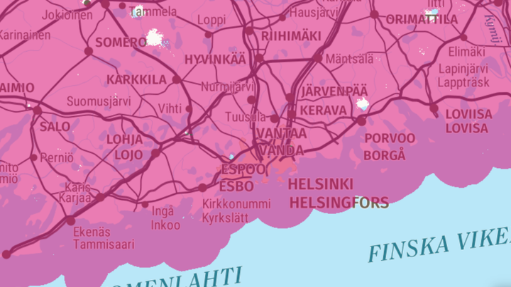DNA’s 5G network coverage in Uusimaa in April 2024. 5G area marked in pink.