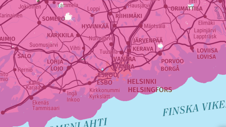 DNA:n 5G-verkon peittoalue Uudellamaalla huhtikuussa 2024. 5G-alue merkitty pinkillä.