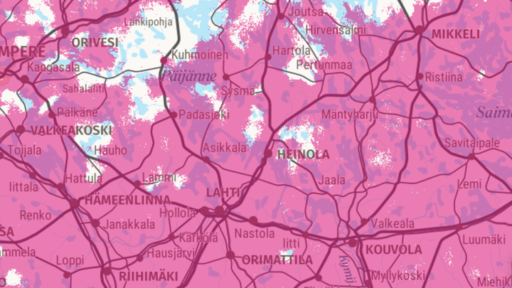 DNA’s 5G network coverage in Päijät-Häme in April 2024. 5G area marked in pink.