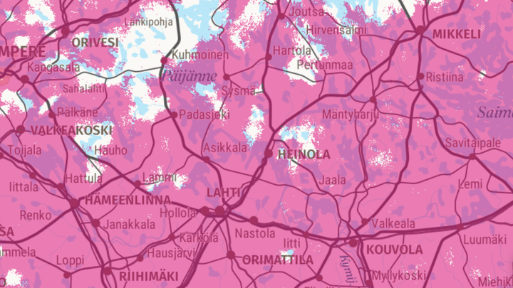 DNA:n 5G-verkon peittoalue Päijät-Hämeessä huhtikuussa 2024. 5G-alue merkitty pinkillä.