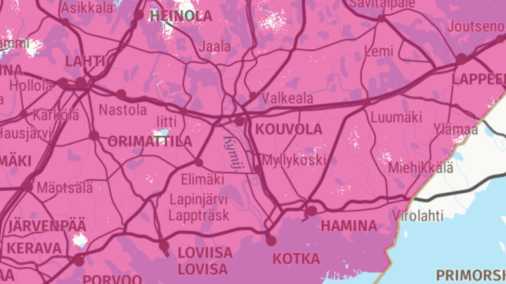 DNA:n 5G-verkon peittoalue Kymenlaaksossa huhtikuussa 2024. 5G-alue merkitty pinkillä.