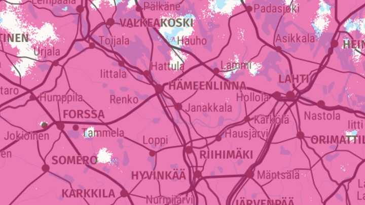 DNA:n 5G-verkon peittoalue Kanta-Hämeessä huhtikuussa 2024. 5G-alue merkitty pinkillä.
