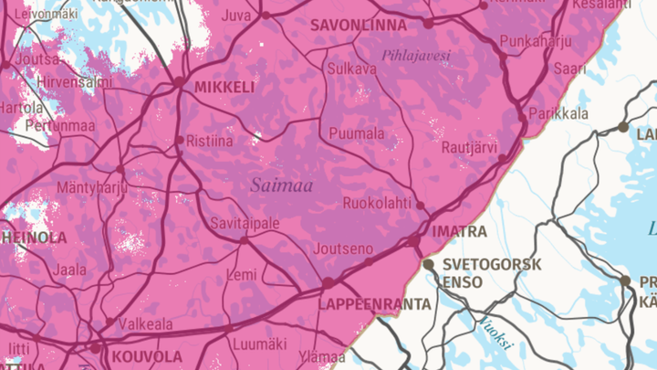 DNA:n 5G-verkon peittoalue Etelä-Karjalassa huhtikuussa 2024. 5G-alue merkitty pinkillä.
