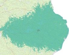 Kuhmo. Kuvassa vaaleampi vihreä väri kuvaa normaalia 4G-/5G-peruspeittoa, ja tummempi vihreä erityisen nopeaa, 3,5 GHz:n taajuudella toimivaa 5G-verkkoa.