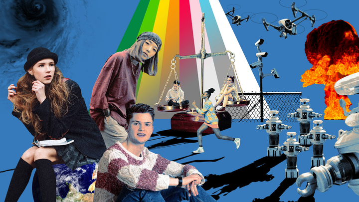 Kuvassa nuoria, robotteja ja sateenkaari