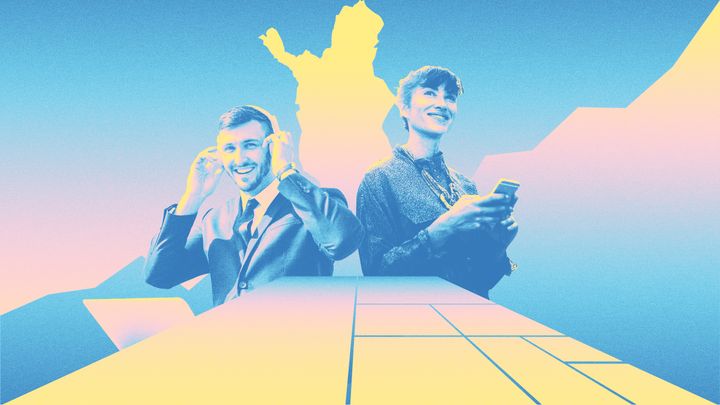 Illustrative image showing a woman using a mobile phone and a man preparing for an online meeting at a table resembling a road. Behind them is the profile of Finland and an upward curve.