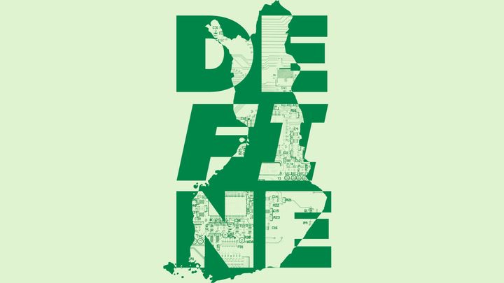 Illustrative image with the silhouette of Finland in the background and the large text "DEFINE" on top.
